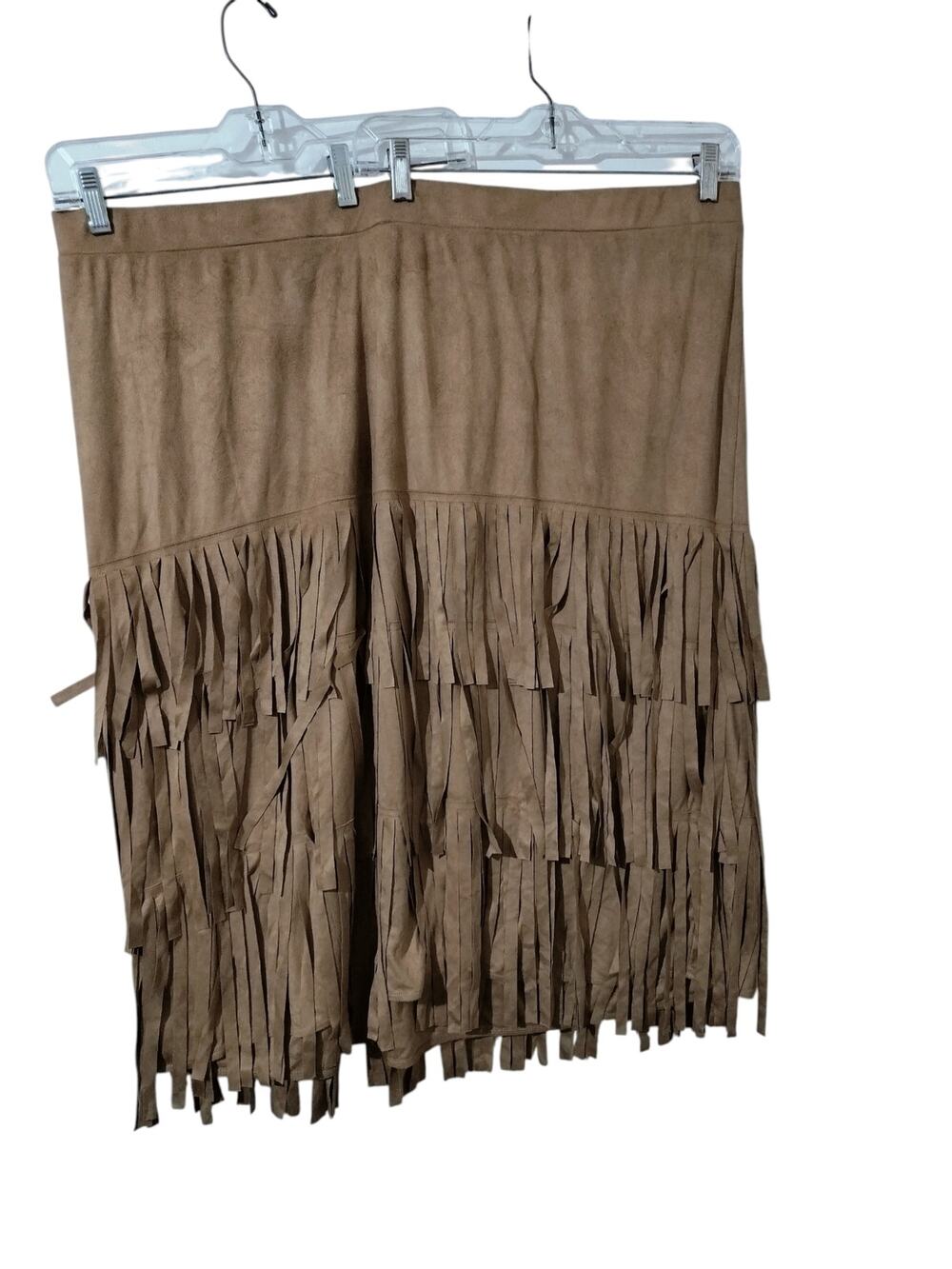 5827) Catherines Plus 3X Faux Suede Tan Tiered Fringe Boho Western Pullon Skirt